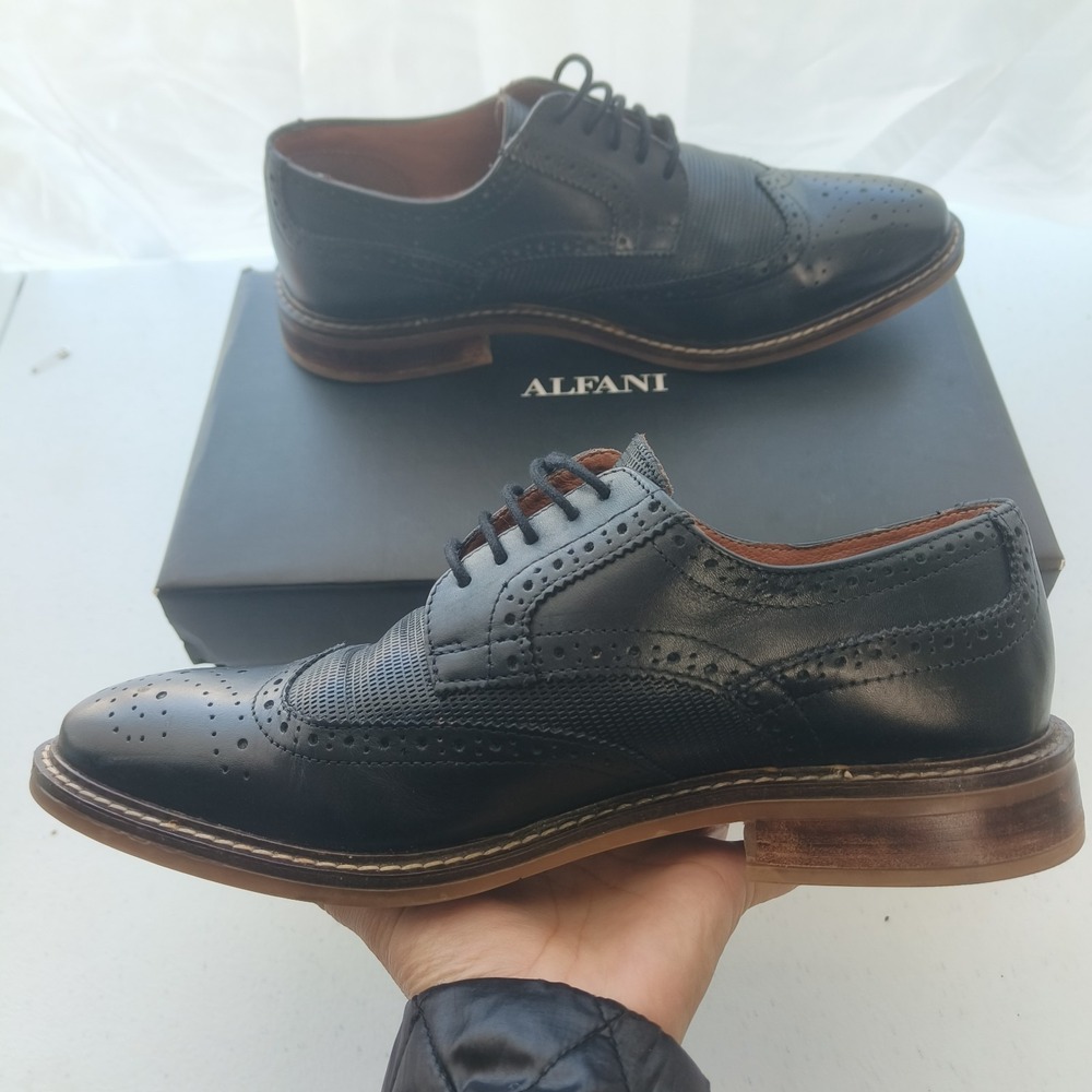 Alfani Mens Tyler Leather Wingtip Oxford Shoes Black Dress Brogue 9M